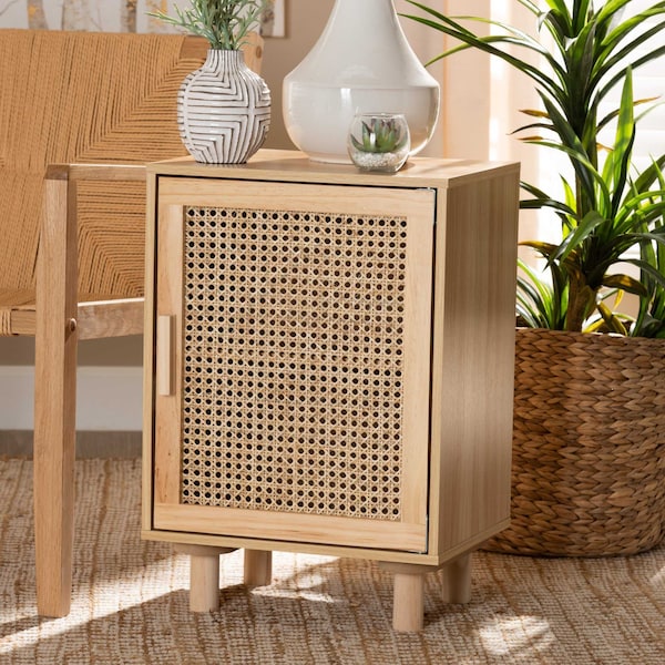 Baxton Studio Maclean Mid-Century Rattan and Natural Brown Finished Wood 1-Door Nightstand 199-12315-ZORO - main